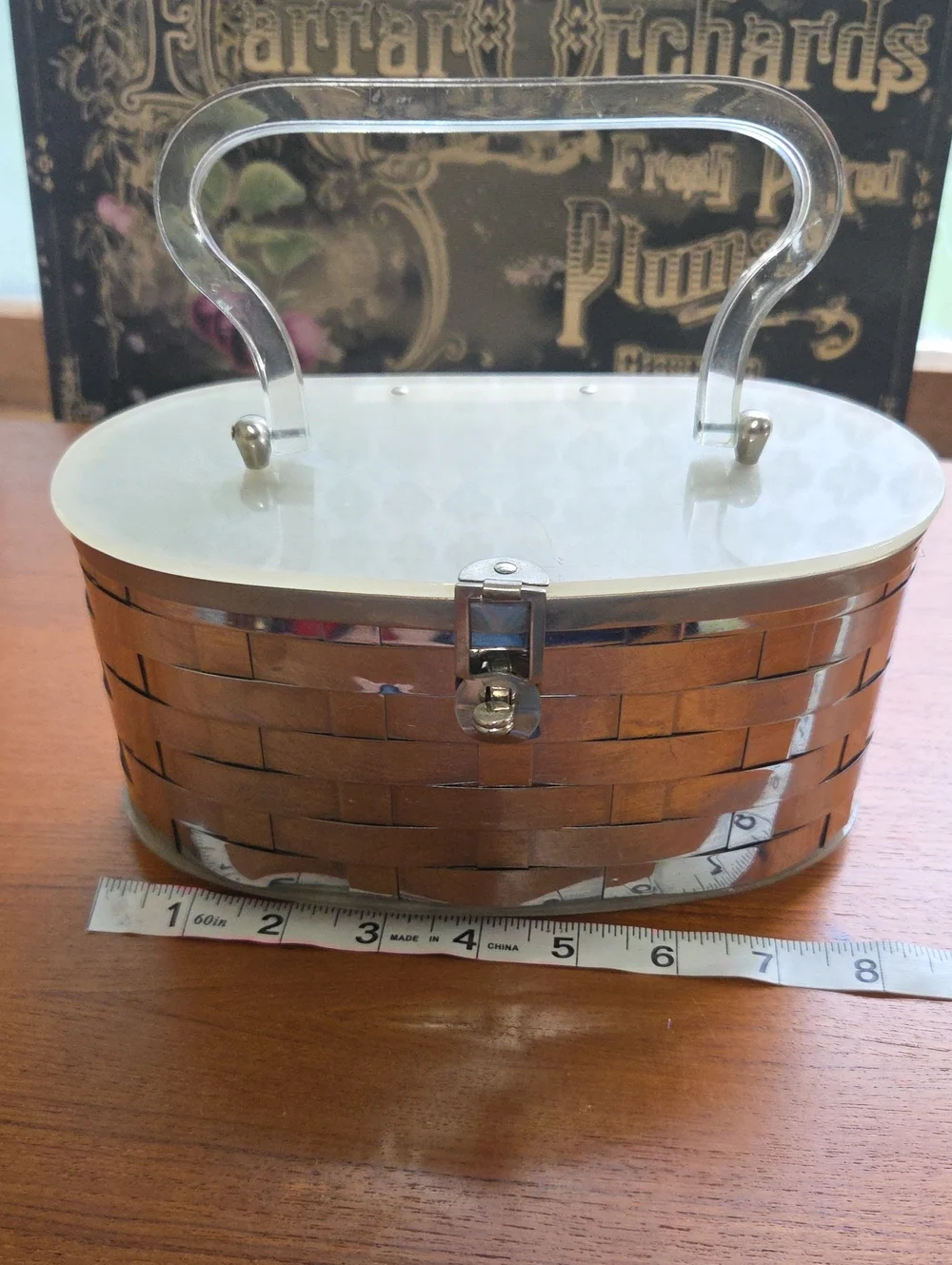 Vintage 1950s Lucite Purse Metal Basketweave Clear Marble Lucite Lid And Bottom